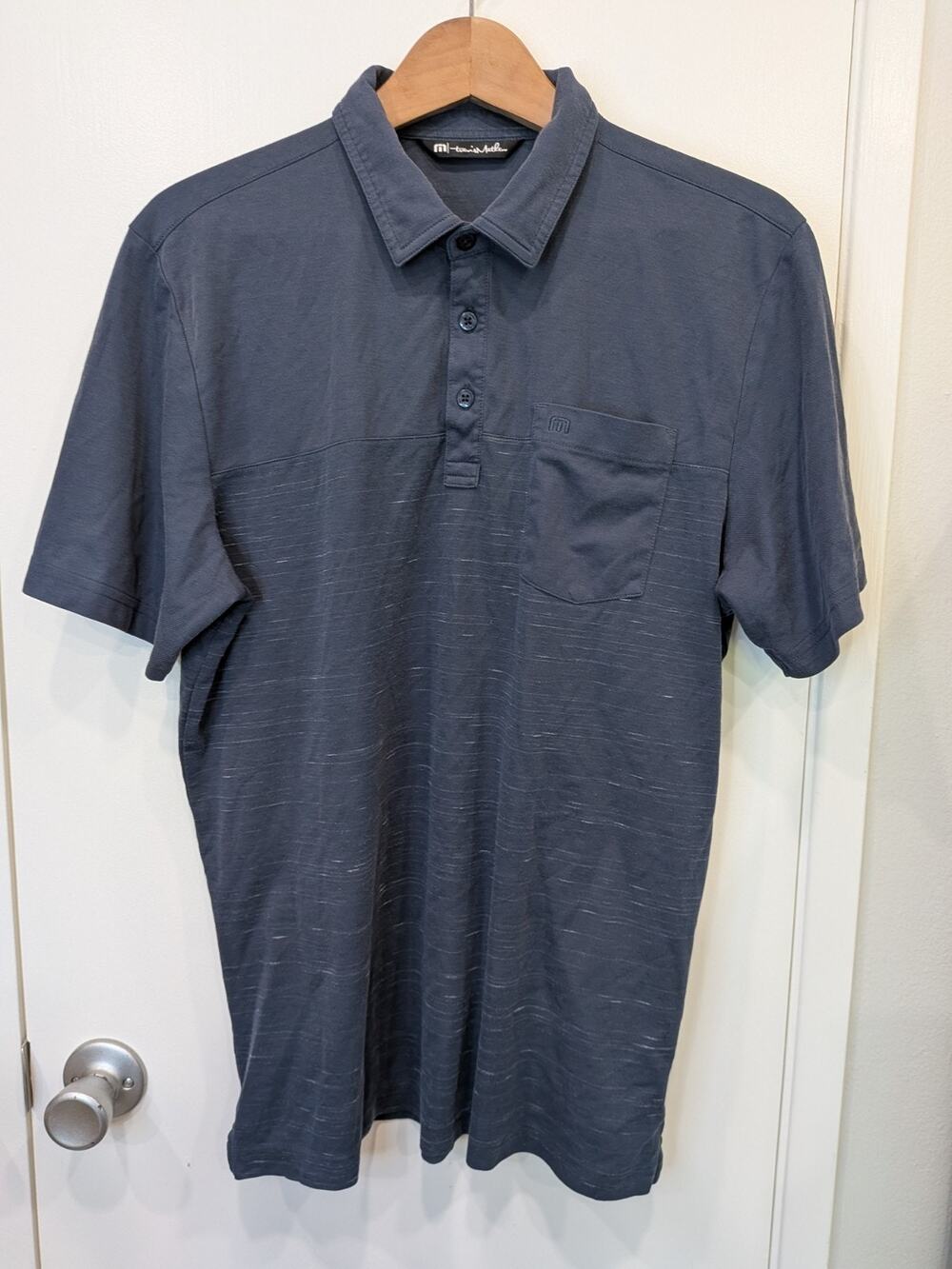 Travis Mathew Pocket Polo Golf Shirt Blue Mens Pima Cotton Poly Slub Sz Large